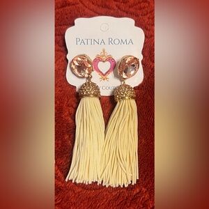 Patina Roma Gold and Cream Tassel Earrings with Pink Crystal Stone